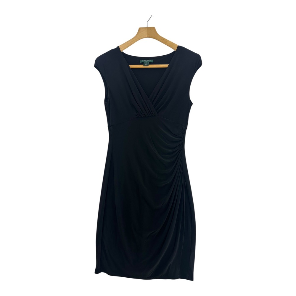 Lauren‎ Ralph Lauren Black Ruched V Neck Cap Sleeve Sheath Dress Size 6